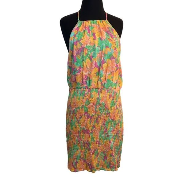 Lost + Wander Eternal Lights Mini Dress Peach Floral Backless Smocking Size L - Picture 2 of 15